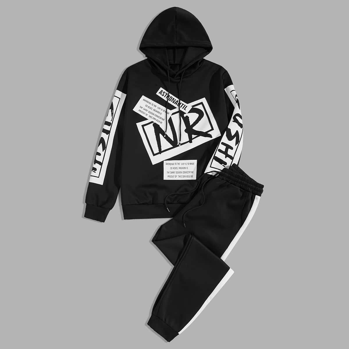 

Guys Letter Graphic Drawstring Hoodie & Sweatpants, Black