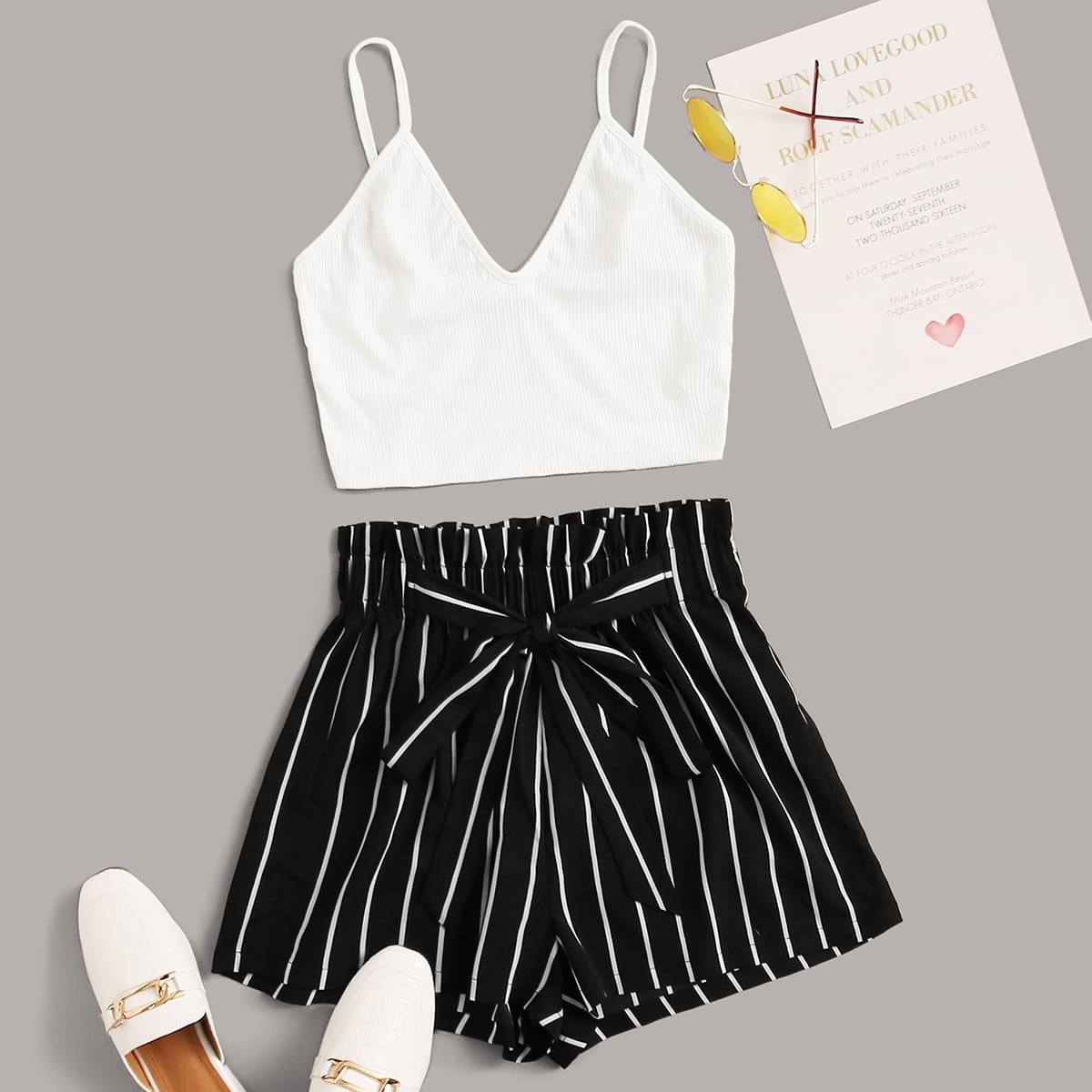 

Rib-knit Cami Top & Knotted Paperbag Waist Striped Shorts Set, Black and white