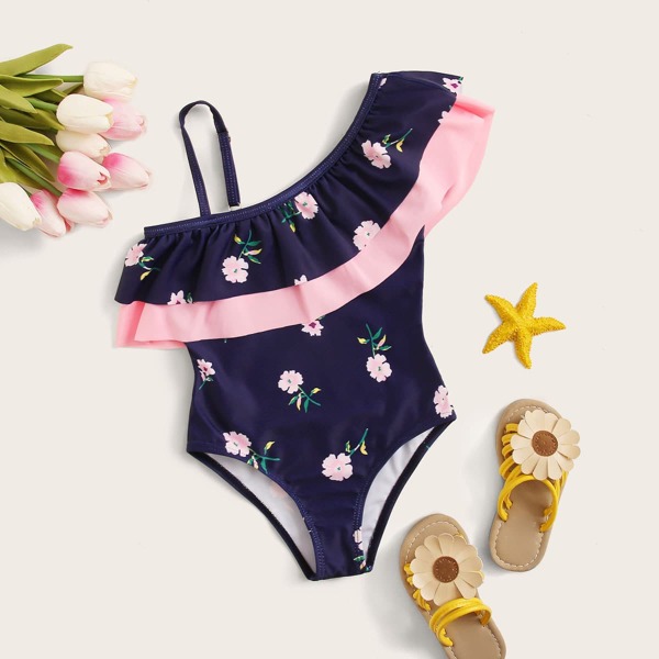 

Toddler Girls Floral Print Tiered Layer One Piece Swimwear, Navy