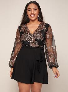SHEIN BAE Plus Surplice Neck Sheer Lantern Sleeve Sequin Bodice Belted Romper - Black - View 3