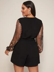 SHEIN BAE Plus Surplice Neck Sheer Lantern Sleeve Sequin Bodice Belted Romper - Black - View 2