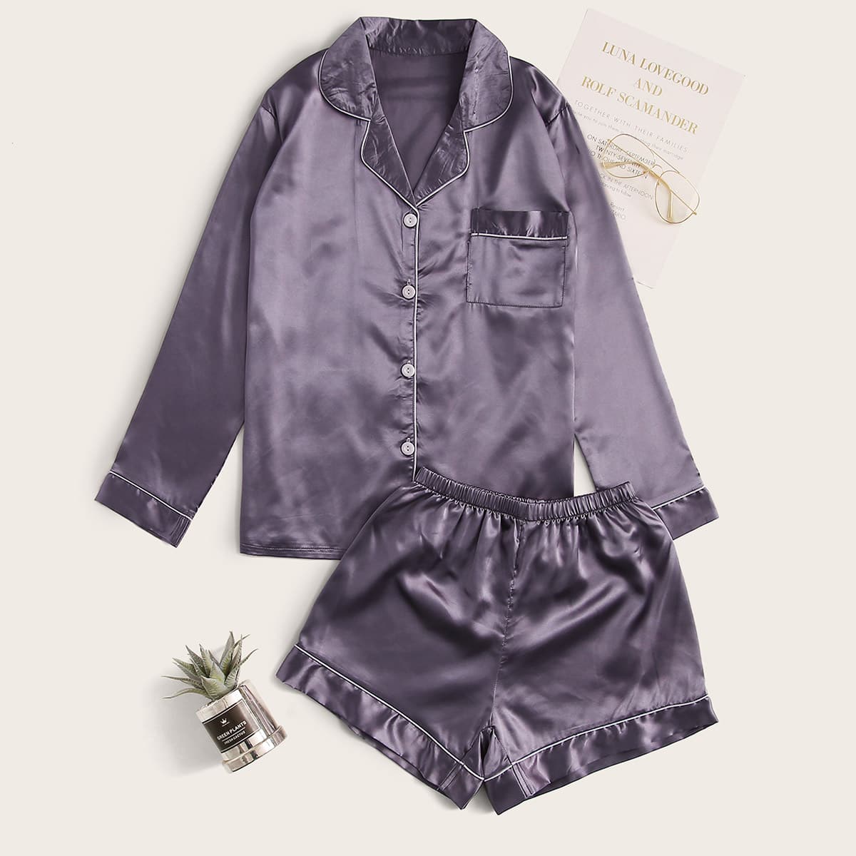 

Lapel Neck Contrast Binding Satin PJ Set, Purple