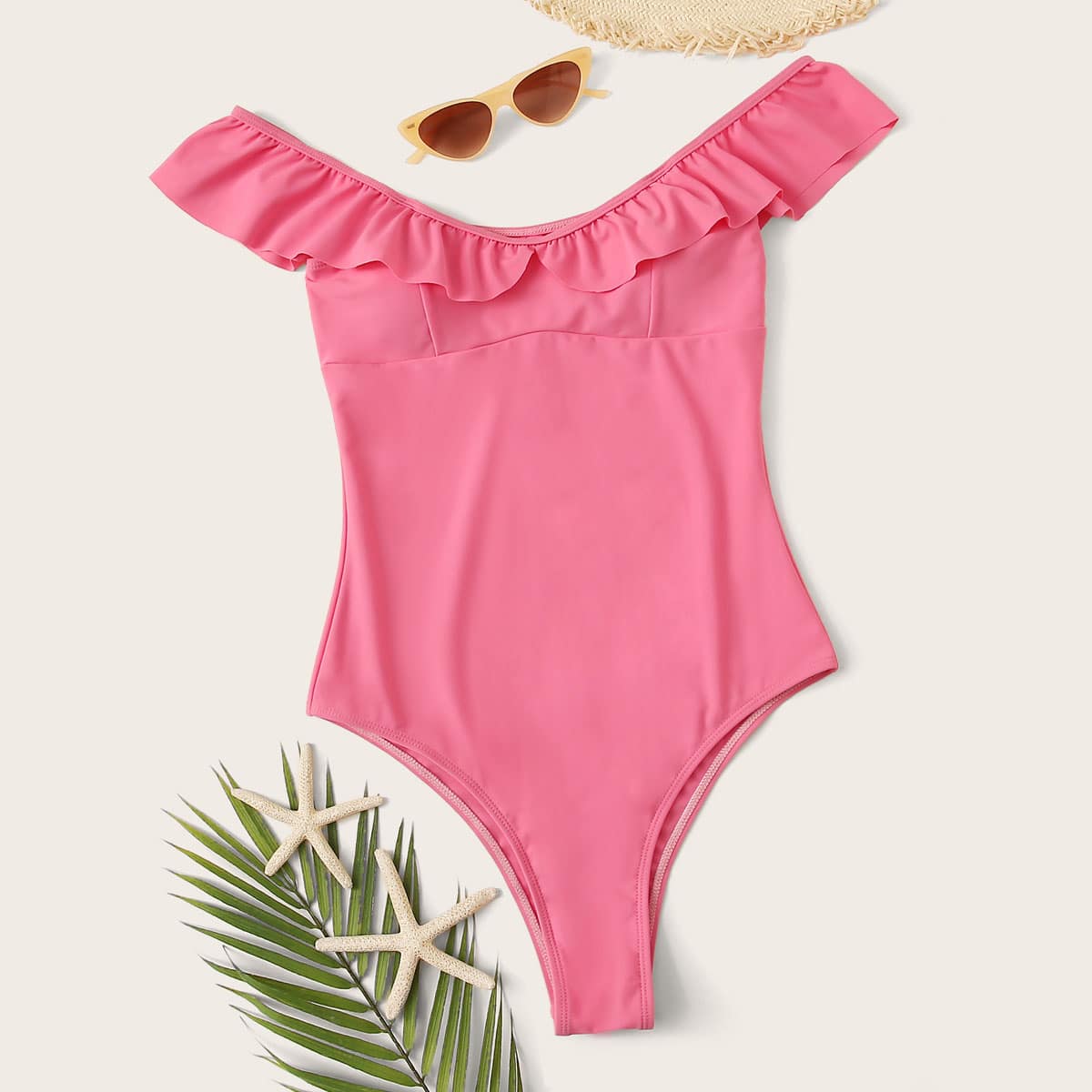

Ruffle Trim One Piece Swimsuit, Pink