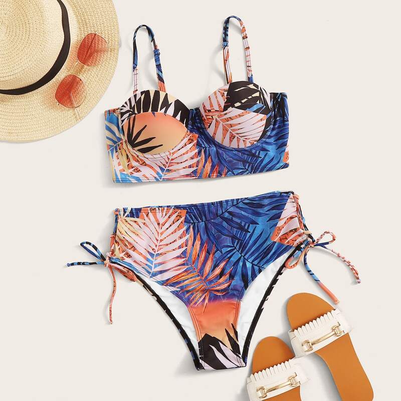 

Tropical Underwire Tie Side Bikini Swimsuit, Multicolor