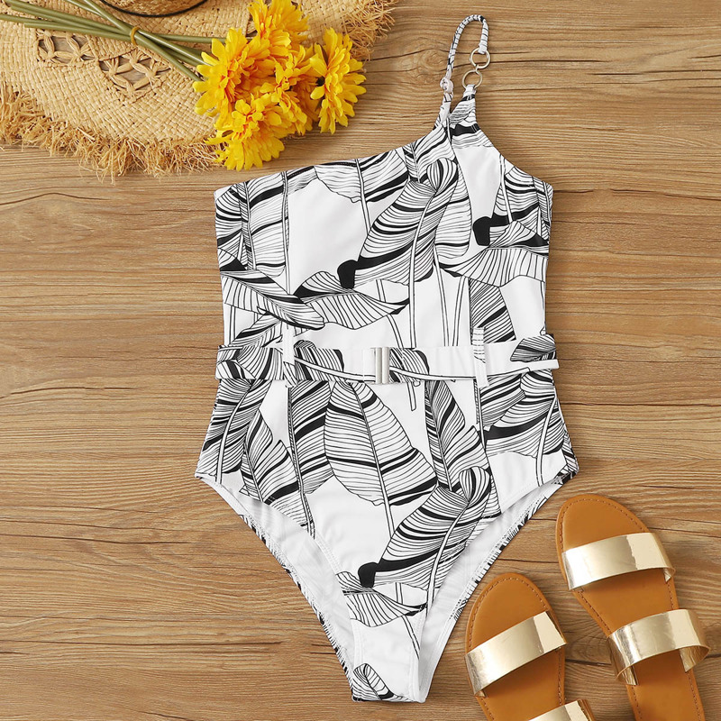 

Palm Random Print One Shoulder One Piece Swimsuit, Black and white