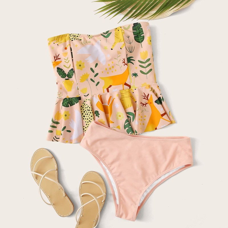 

Tropical Random Print Bandeau Bikini Swimsuit, Pink
