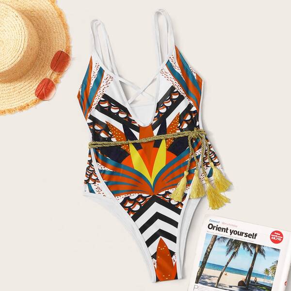 

Geo Random Print Tassel Trim One Piece Swimsuit, Multicolor