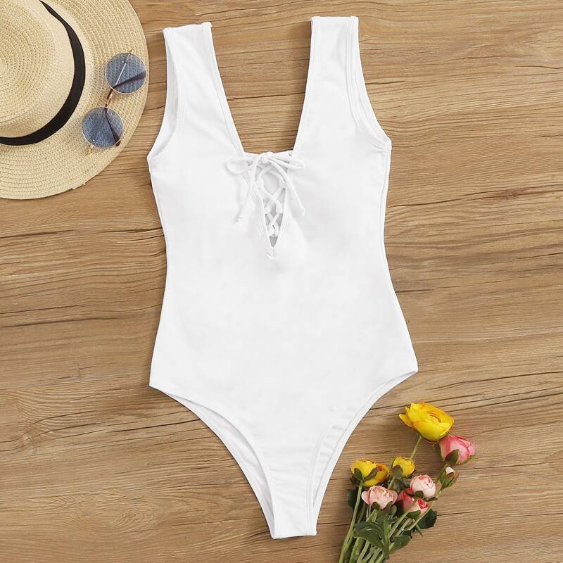

Lace Up Front One Piece Swimsuit, White