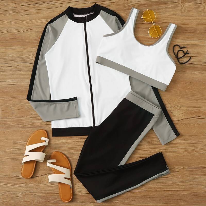 

3pack Colorblock Zipper Front Modest Swimwear, Multicolor