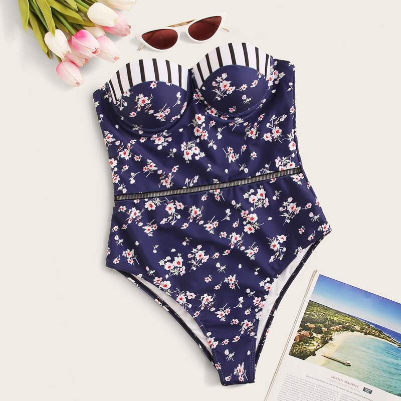 

Floral Random Print Underwired Bandeau One Piece Swimsuit, Navy