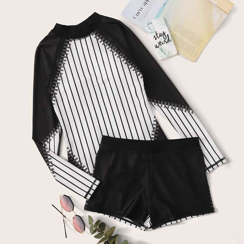 

Striped Long Sleeve Bikini Swimsuit, Black and white