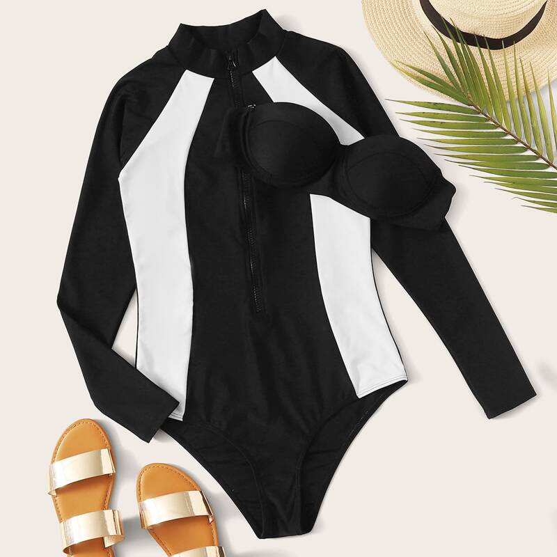 

Colorblock Surfing Swimsuit & Underwire Bikini Bandeau, Black and white