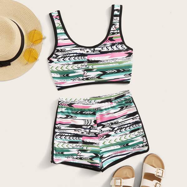 

Multi-color Striped Contrast Binding Shorts Bikini Swimsuit, Multicolor