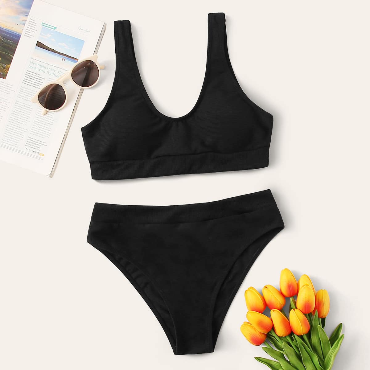 

Solid Top With High Waisted Bikini Set, Black