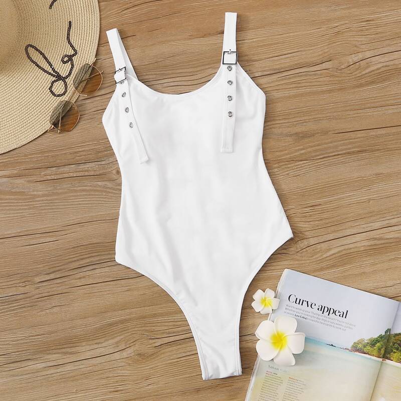 

Eyelet Buckle One Piece Swimsuit, White