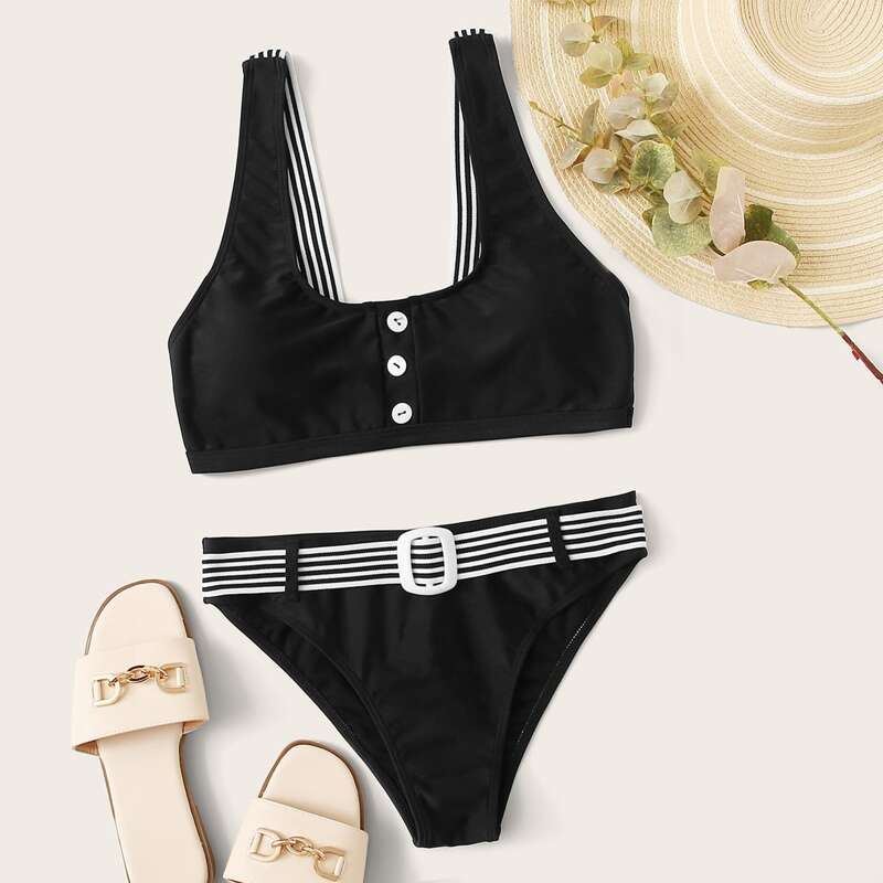 

Button Front Top With Striped Trim Bikini Set, Black
