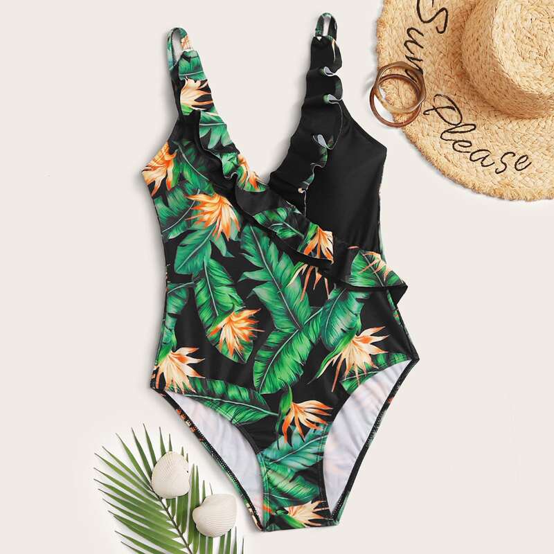 

Tropical Ruffle Trim One Piece Swimsuit, Multicolor