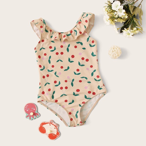 

Toddler Girls Cherry Print One Piece Swimwear, Orange pastel