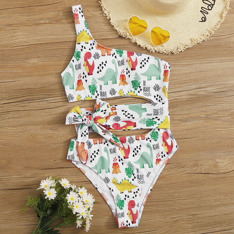 

Cartoon Dinosaur Print Belted One Piece Swimsuit, Multicolor