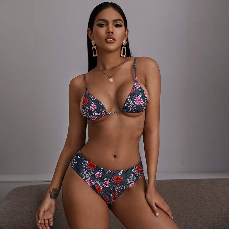 

Floral Print Triangle Bikini Set, Multicolor
