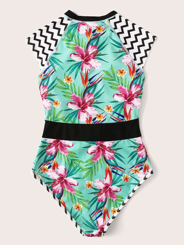 Tropical Zipper Front One Piece Swimsuit Shein Eur