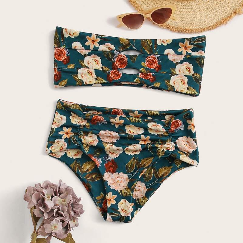 

Floral Random Print Bandeau With High Waisted Bikini, Multicolor