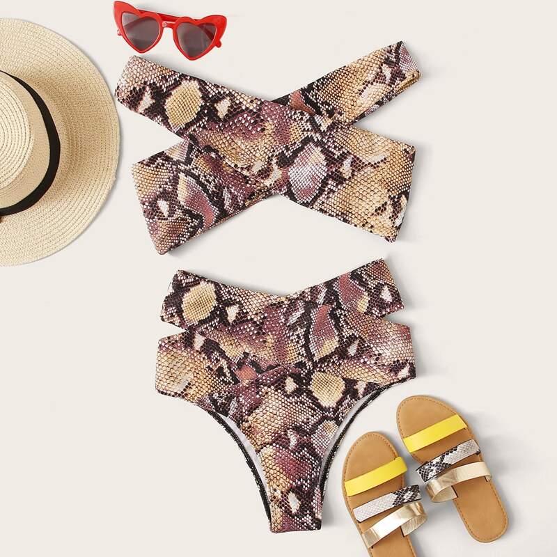 

Snakeskin Bardot High Waisted Bikini Swimsuit, Multicolor