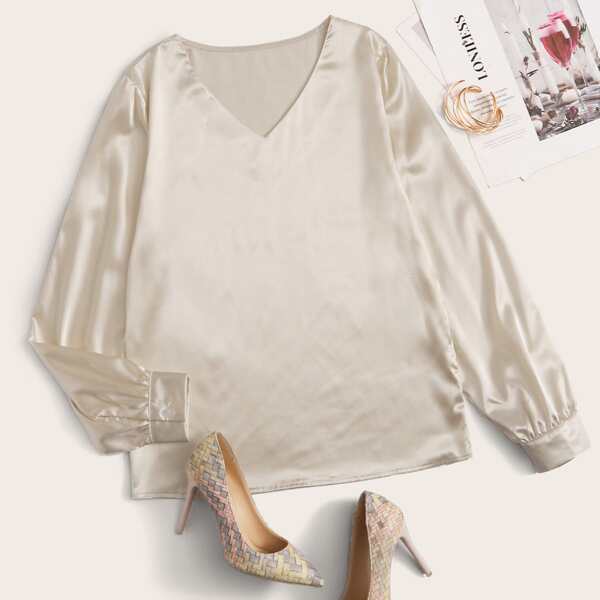 

Solid V-neck Satin Blouse, Beige