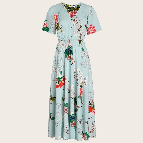 

Button Detail Shirred Wide Waistband Floral Dress, Green