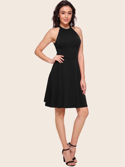 Cutout Tie Back Flowy Halter Dress