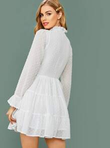 SHEIN Bell Sleeve Swiss Dot Ruffle Hem Dress - White - View 2