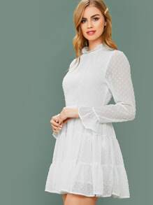 SHEIN Bell Sleeve Swiss Dot Ruffle Hem Dress - White - View 3