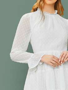 SHEIN Bell Sleeve Swiss Dot Ruffle Hem Dress - White - View 4