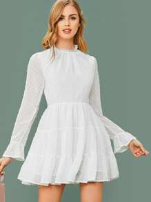 SHEIN Bell Sleeve Swiss Dot Ruffle Hem Dress - White - View 1