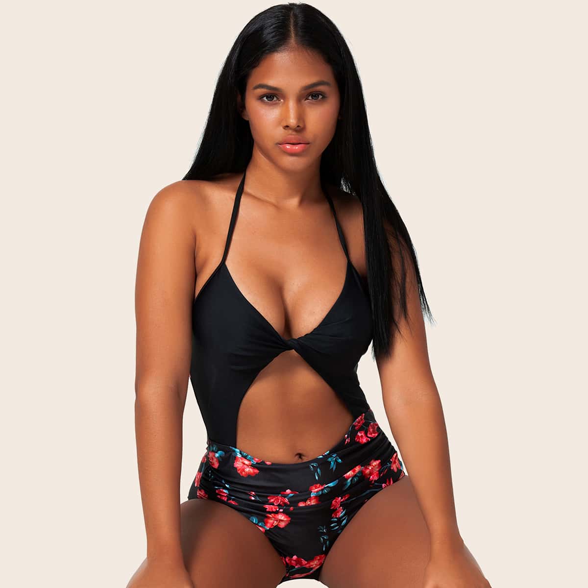 

Floral Print Cut-out Halter One Piece Swimwear, Multicolor