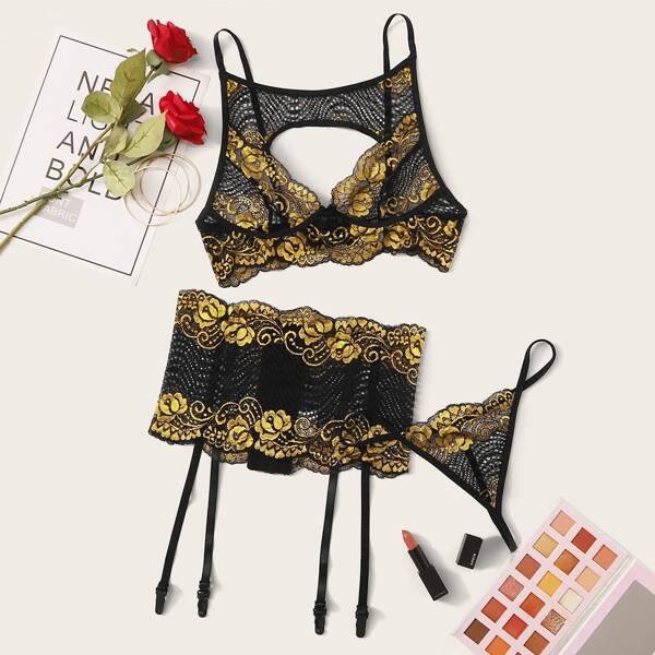 

Floral Lace Garter Lingerie Set, Multicolor