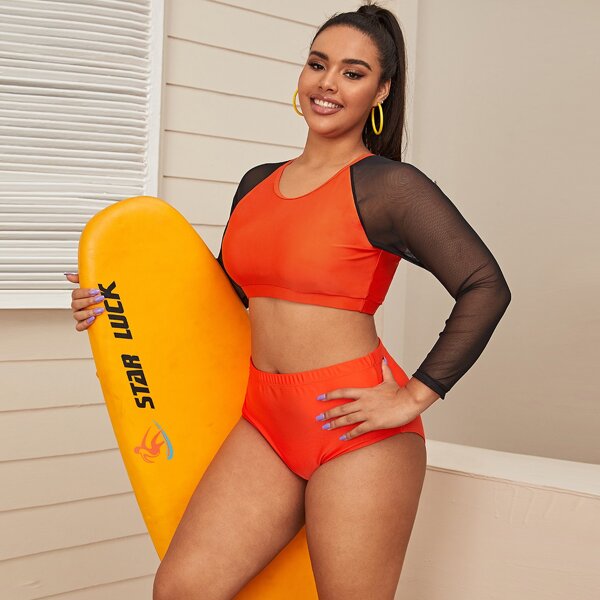 

Plus Contrast Mesh Long Sleeve High Waisted Bikini Swimsuit, Orange