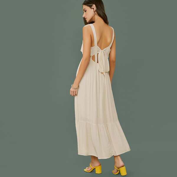 

Back Tie Sleeveless Ruffle Hem Dress, Beige
