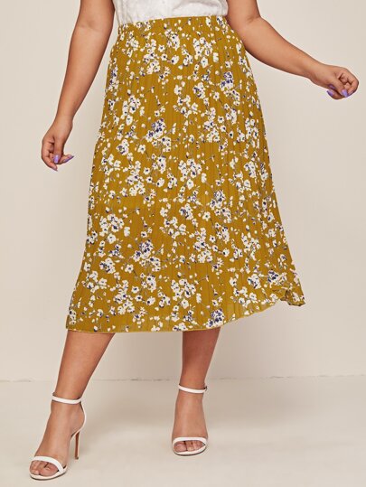 Plus Floral Print Pleated Chiffon Skirt