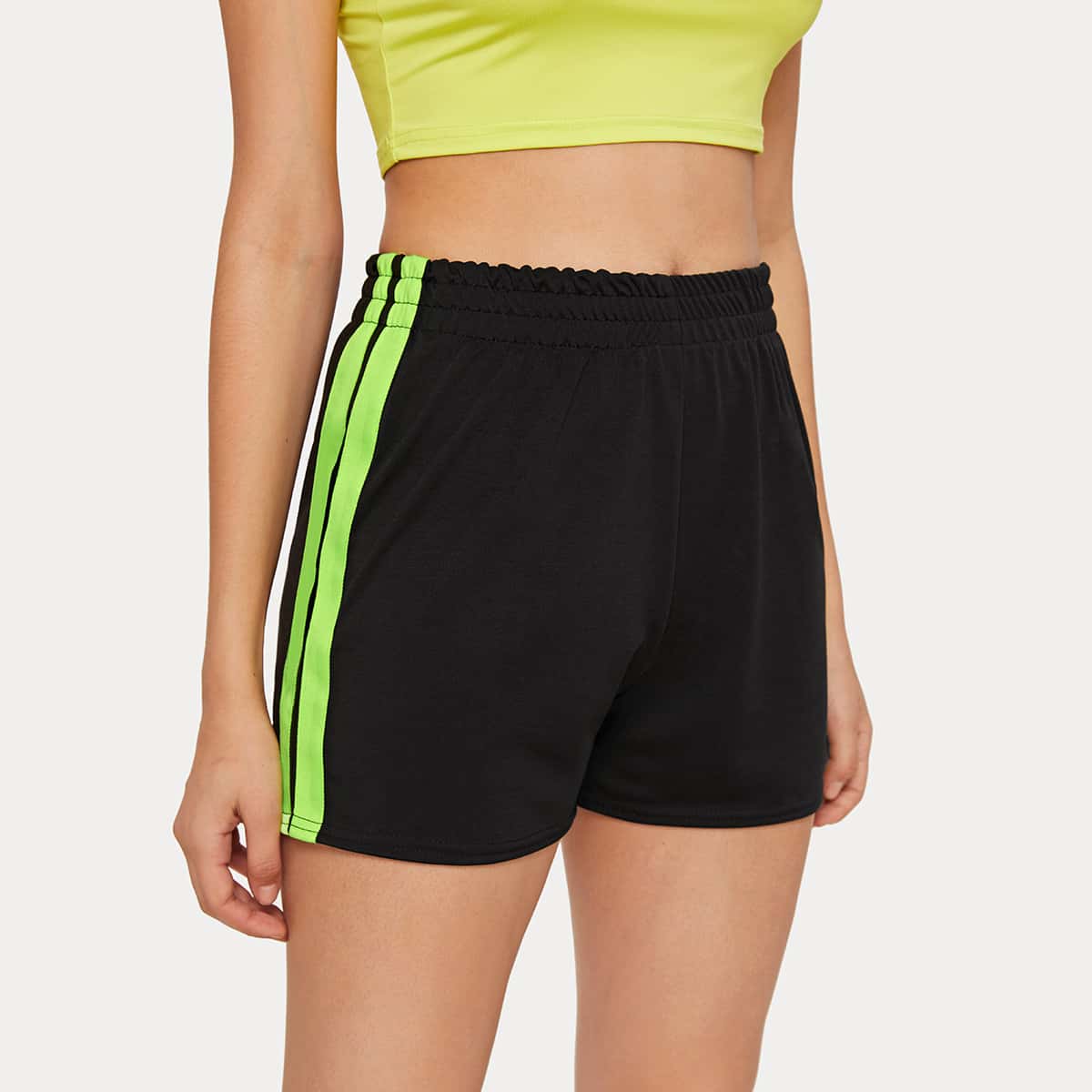

Stripe Side Elastic Waist Shorts, Black