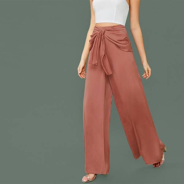 

Draped Waist Tie Wide Leg Palazzo Pants, Red