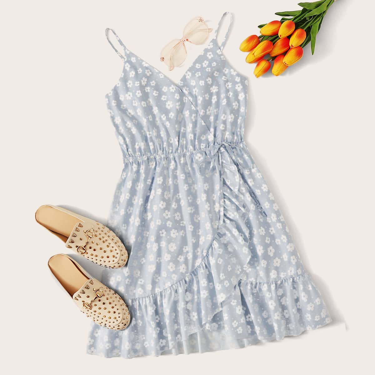 

Floral Wrap Cami Sundress, Blue pastel