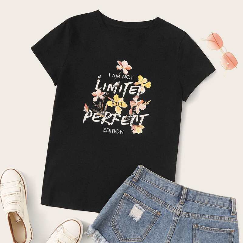 

Floral & Slogan Graphic Tee, Black