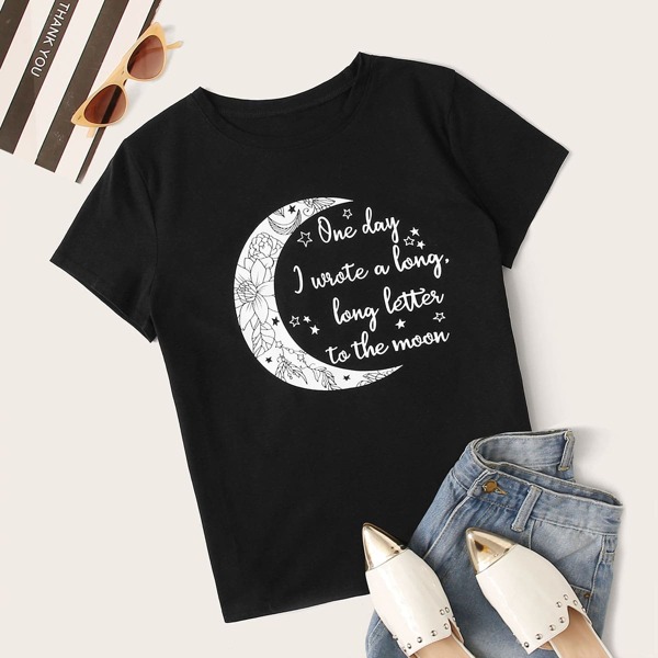 

Moon & Slogan Graphic Tee, Black