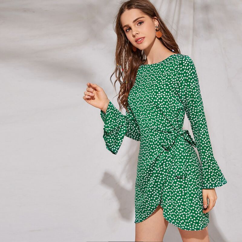 

Ditsy Floral Tie Side Wrap Hem Fitted Dress, Green