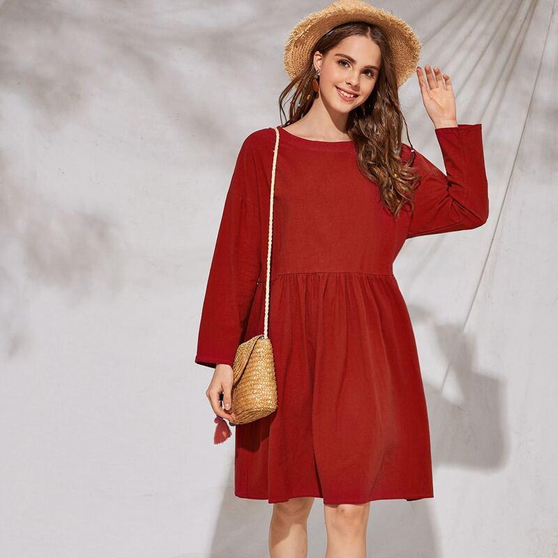 

Drop Shoulder Solid Smock Dress, Red