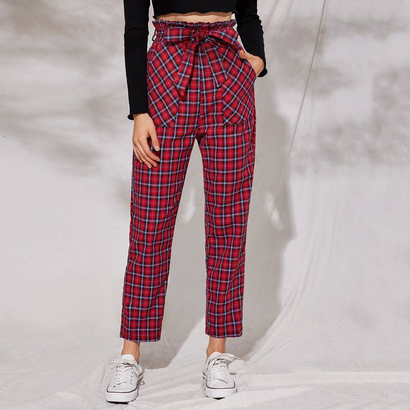 

Belted Paper Bag Waist Tartan Pants, Multicolor