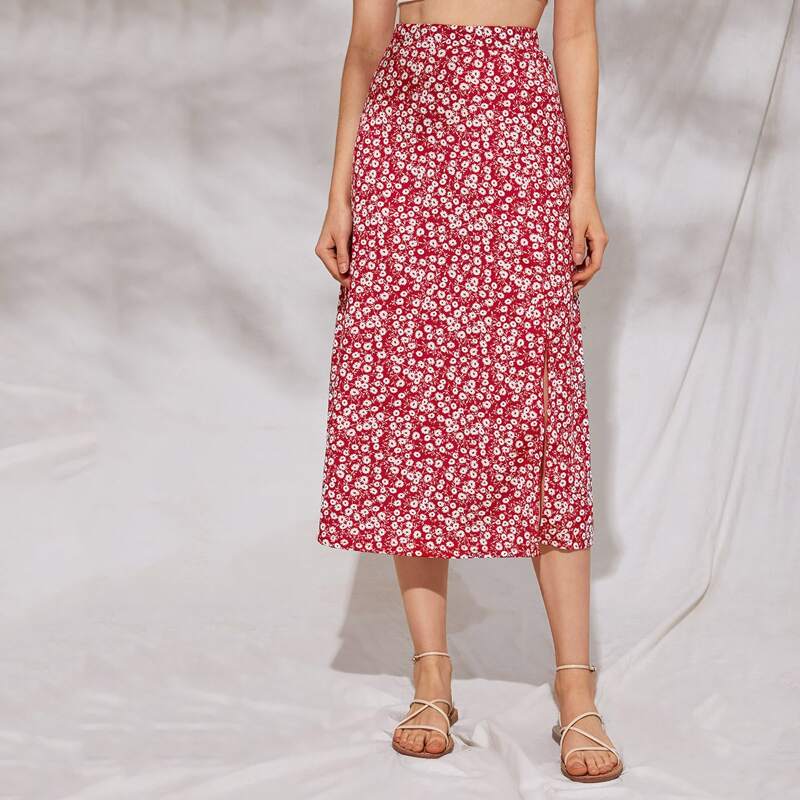 

Split Thigh Ditsy Floral Print Skirt, Burgundy