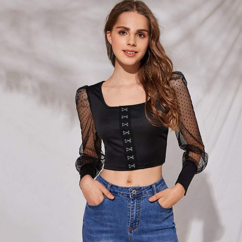 

Hook and Eye Front Sheer Dobby Mesh Sleeve Crop Top, Black