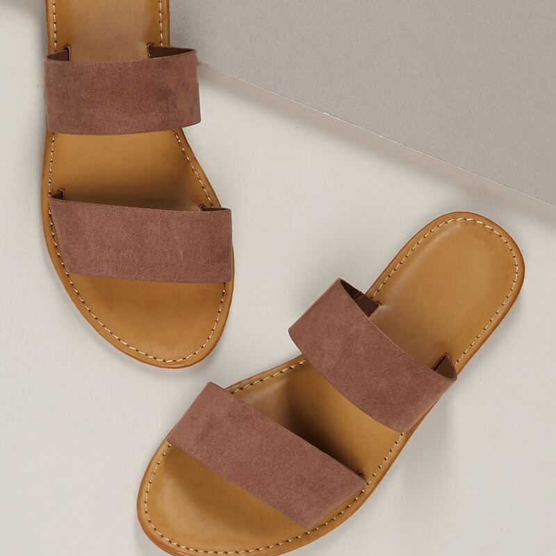 

Dual Bands Open Toe Flat Slide Sandals, Brown